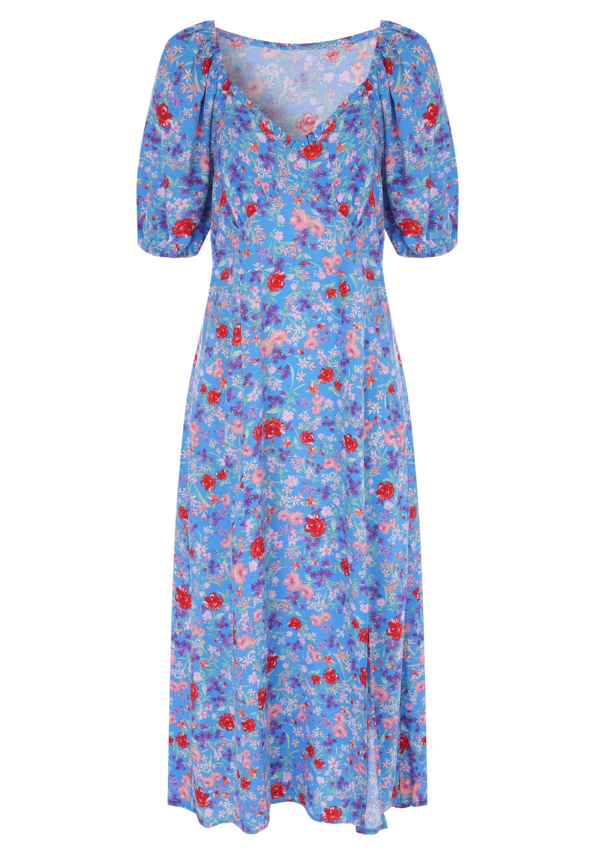 Womens Blue Floral Ruffle Edge Midi Dress