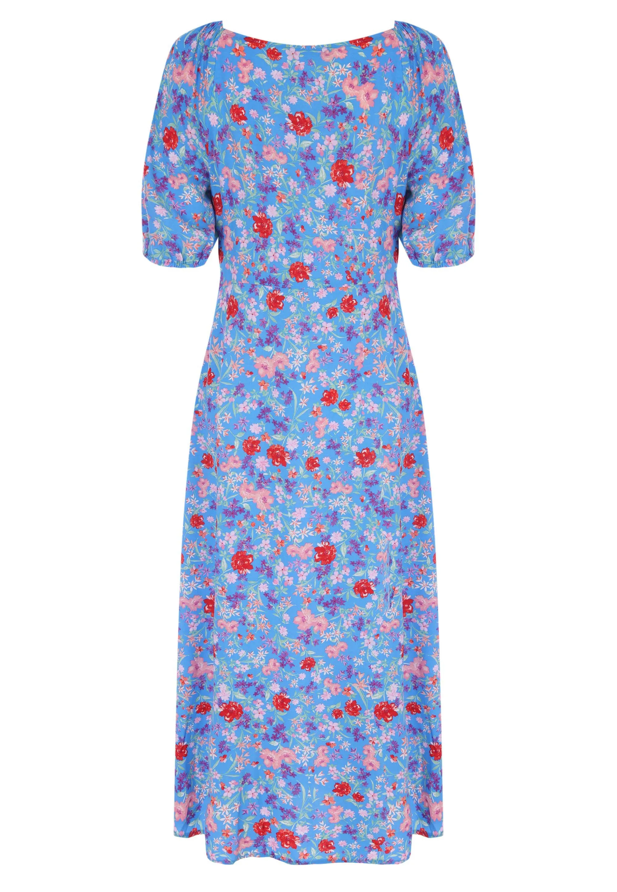 Womens Blue Floral Ruffle Edge Midi Dress