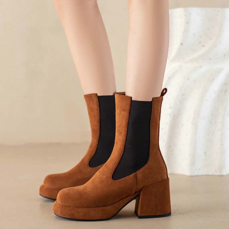 Women's Fashion Retro Style Stretch Square Heel Ankle Boot Shoes