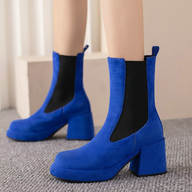 Women's Fashion Retro Style Stretch Square Heel Ankle Boot Shoes