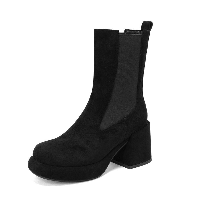 Women's Fashion Retro Style Stretch Square Heel Ankle Boot Shoes