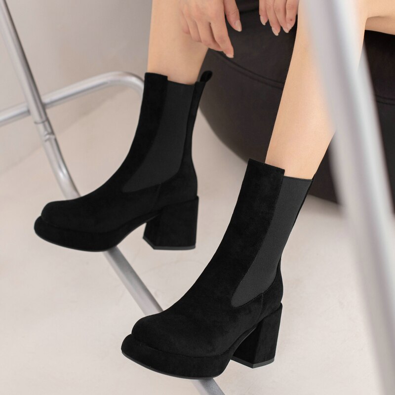 Women's Fashion Retro Style Stretch Square Heel Ankle Boot Shoes