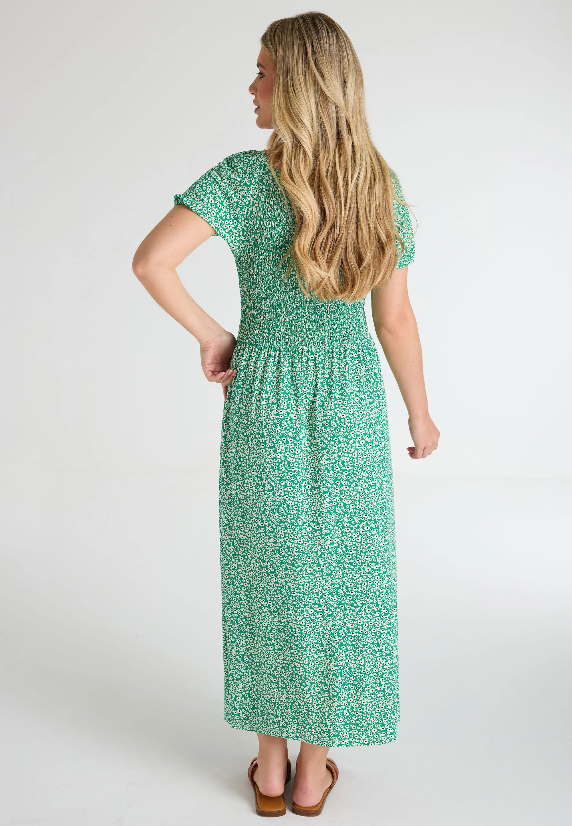 Womens Mid Green Ditsy Shirred Midi Dress