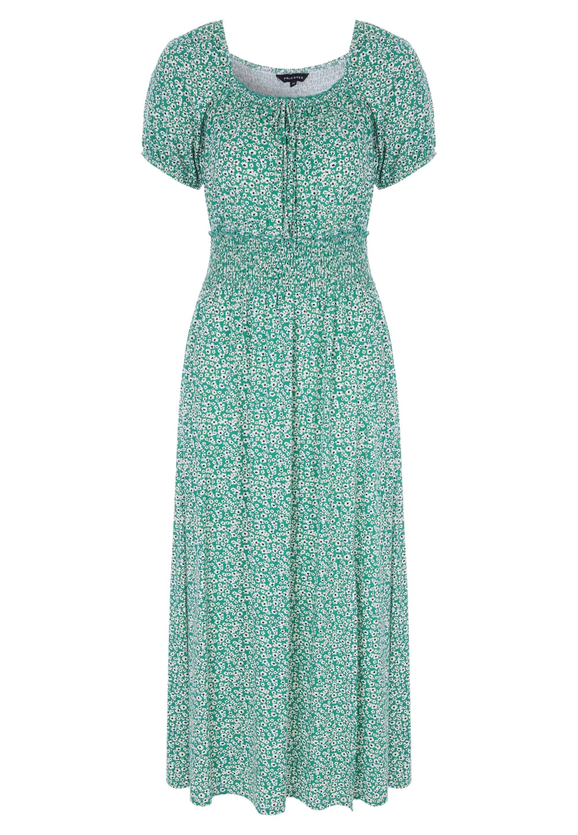 Womens Mid Green Ditsy Shirred Midi Dress