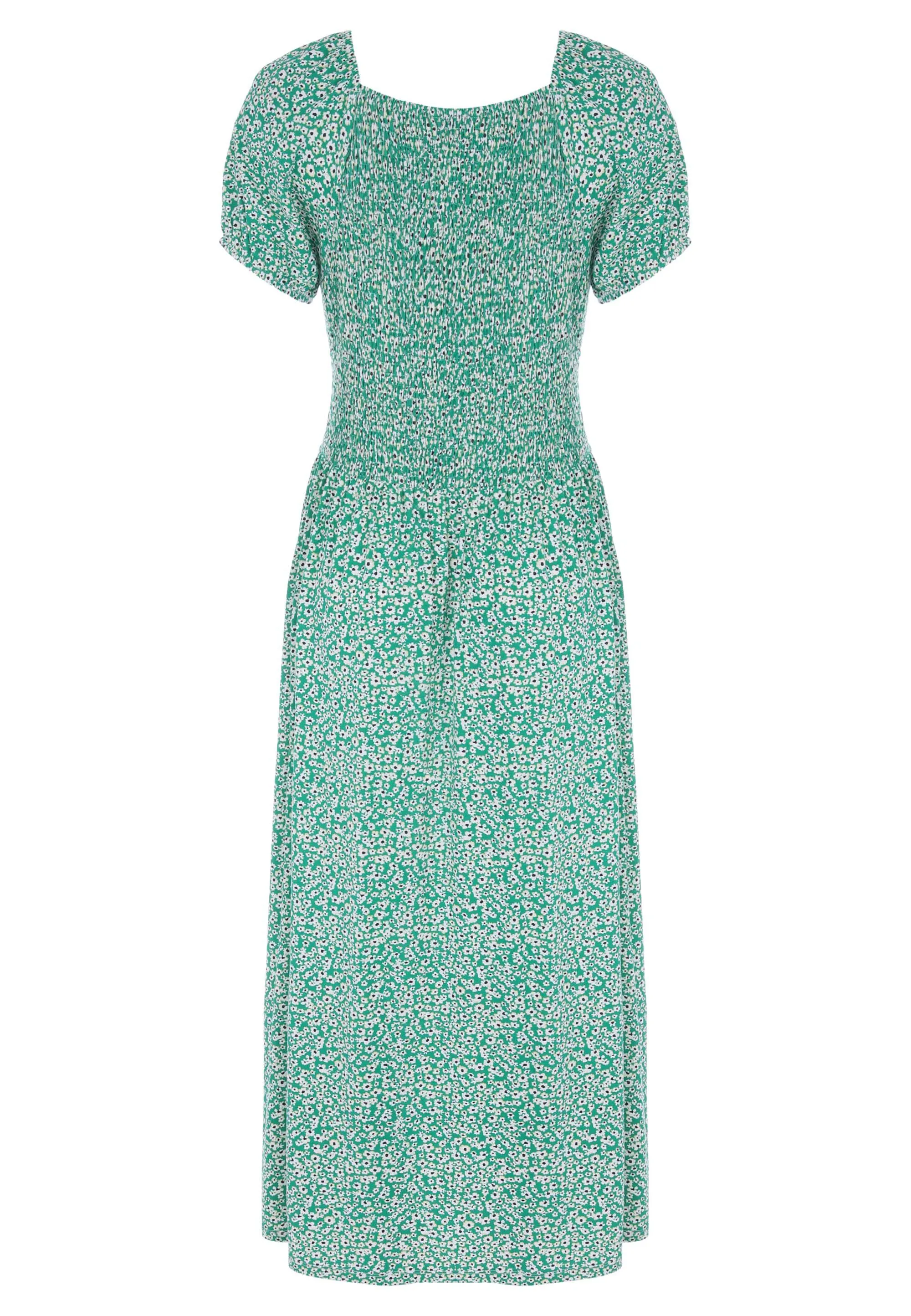 Womens Mid Green Ditsy Shirred Midi Dress